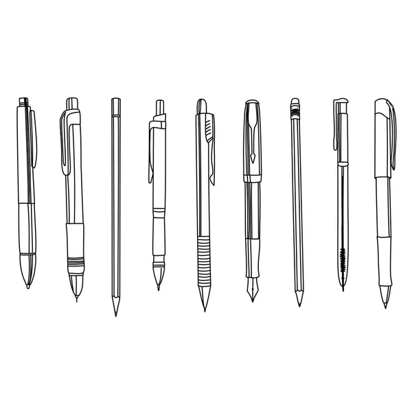 Canetas e lápis em uma fileira, ilustração de contorno . — Vetor de Stock