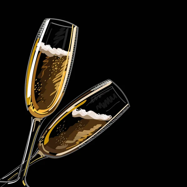 Dvě sklenice s champagne na černém pozadí, vektorové ilustrace. — Stockový vektor