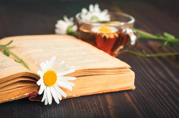 Fincan çay, papatya ve masanın üzerine bir kitap