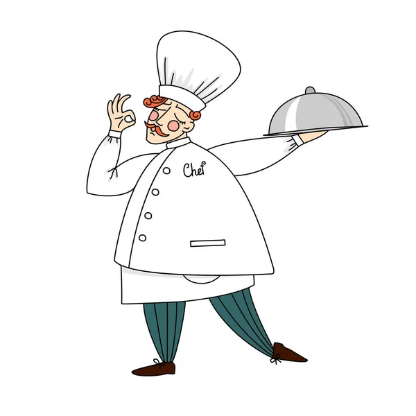 Schattig chef-kok met een lade van heerlijke gerechten. — Stockvector