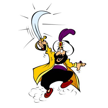 Çizgi film oryantal adam elinde bir kılıç ile.