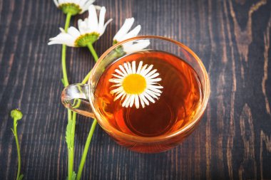 Şeffaf Kupası closeup içinde papatya çayı. Bitkisel Tıp kavramı.