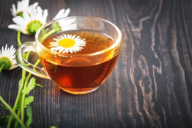 Papatya çayı şeffaf Kupası closeup içinde. Bitkisel Tıp kavramı.