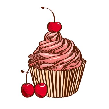 Cupcake pembe kreması ve vişne, ile izole.