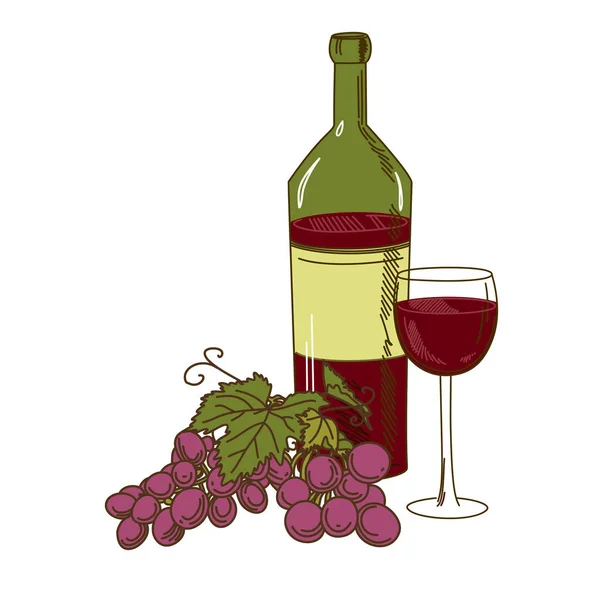 Bottle of wine, grapes and a glass — Stock Vector