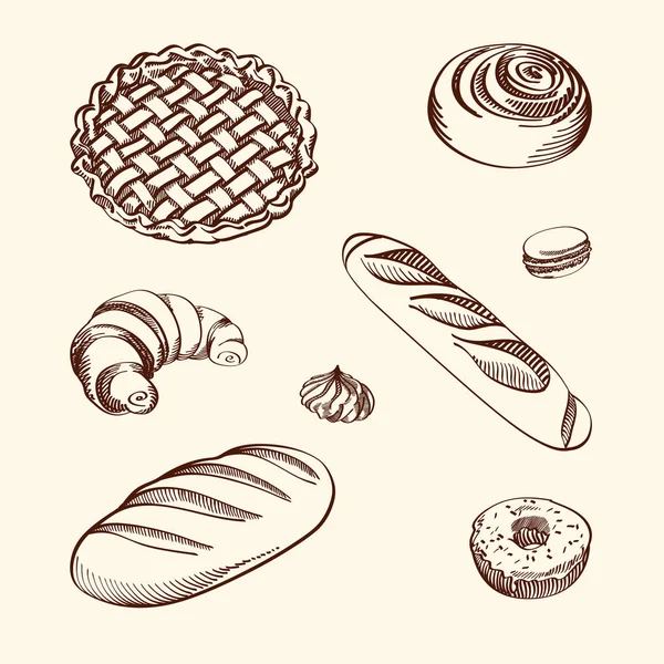 Set of vector illustrations - different kinds of cookies and cakes on a beige background. — Stock Vector