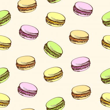 Renkli macaroons ile sorunsuz bej arka plan. Karikatür tarzı.