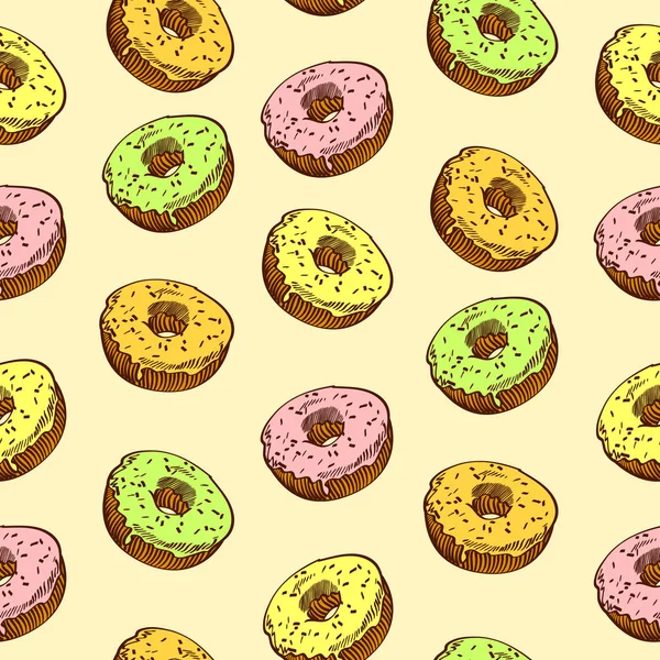 Patrón sin costura de rosquilla dibujado a mano. Diseño de fondo de panadería vectorial — Archivo Imágenes Vectoriales