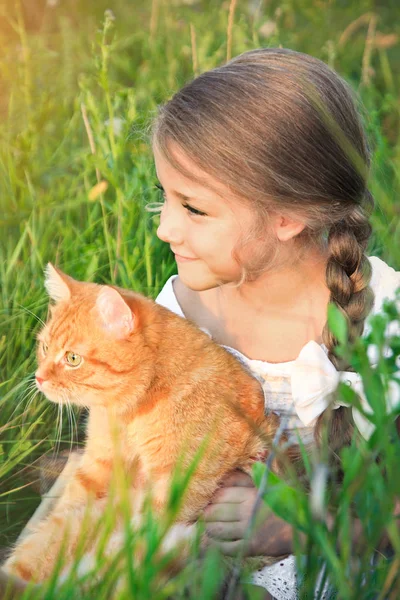 Linda niña está sosteniendo un gato rojo sentado en la hierba . —  Fotos de Stock