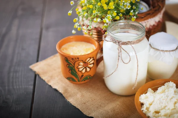 Latte, yogurt, fiocchi di latte, panna acida. Natura morta rustica . — Foto Stock