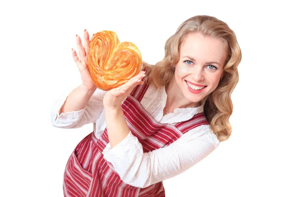 Portrait of cute smiling woman with bun in her hands. — Stock Photo, Image