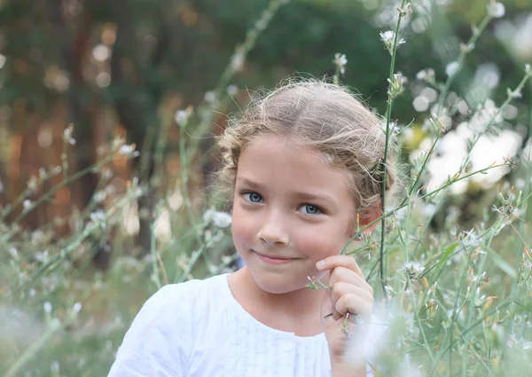 Portrait of a cute little girl on the nature in flowers. — Stock Photo, Image