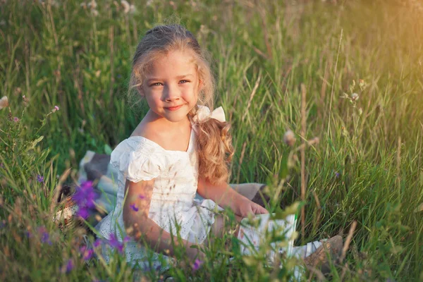 Little girl with a book in her hands on a meadow in a summer day. — Stock Photo, Image