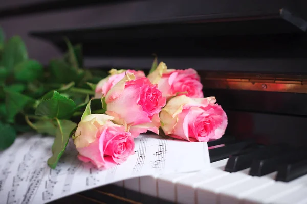 A bouquet of pink roses and notes on the piano keyboard. — Stock Photo, Image