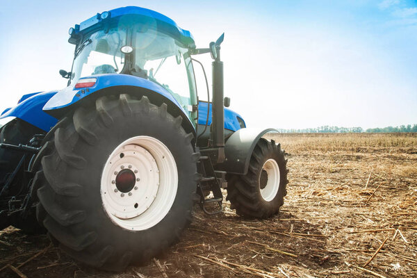 Blue tractor in a field