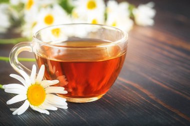 Şeffaf bir bardak papatya çayı. Bitkisel Tıp kavramı.