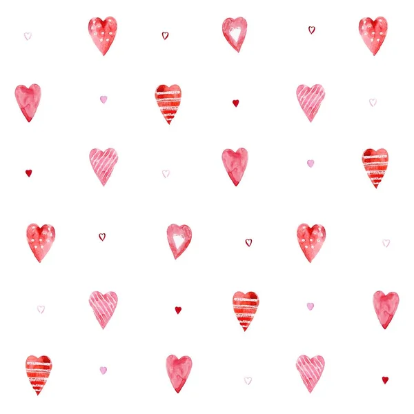 Nahtloses Aquarellmuster aus rosa Herzen auf weißem Hintergrund. — Stockfoto