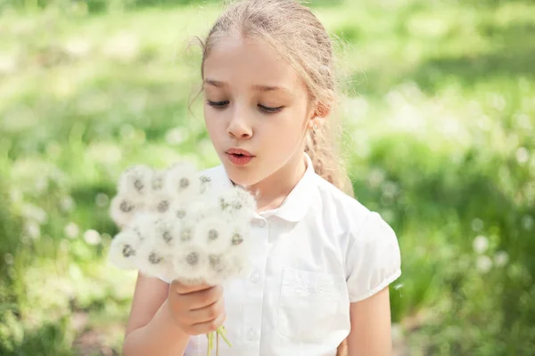 Een Meisje Van Kleuterschool Lagere School Leeftijd Met Paardebloemen Haar — Stockfoto