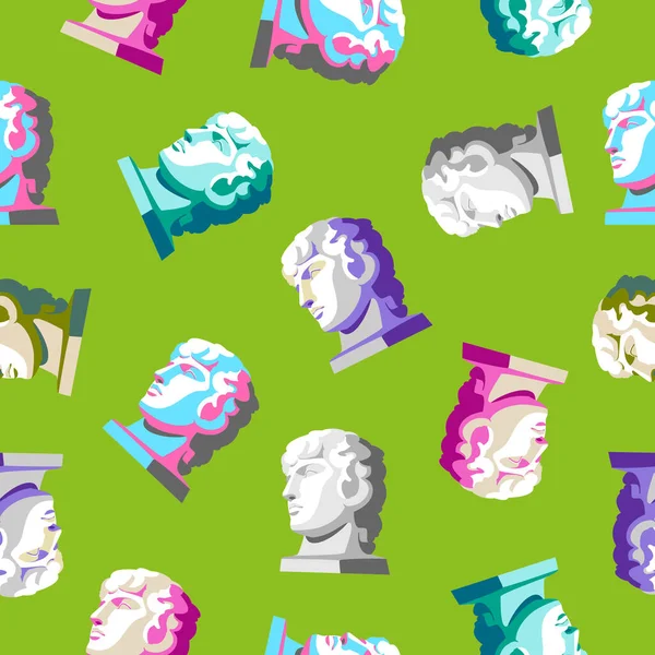 Antique greek head - green seamless pattern. colorful portrait of Antinous - a popular, modern background for the design of social networks, fabric, packaging, printing. classical sculpture — Stock Vector