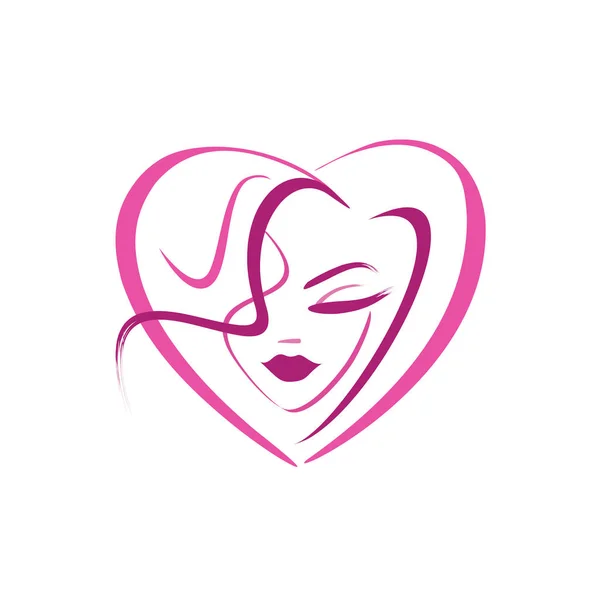 Silhouette d'un visage féminin - logo en forme de cœur. coiffure. Curl. la cosmétologie. cils. lèvres — Image vectorielle
