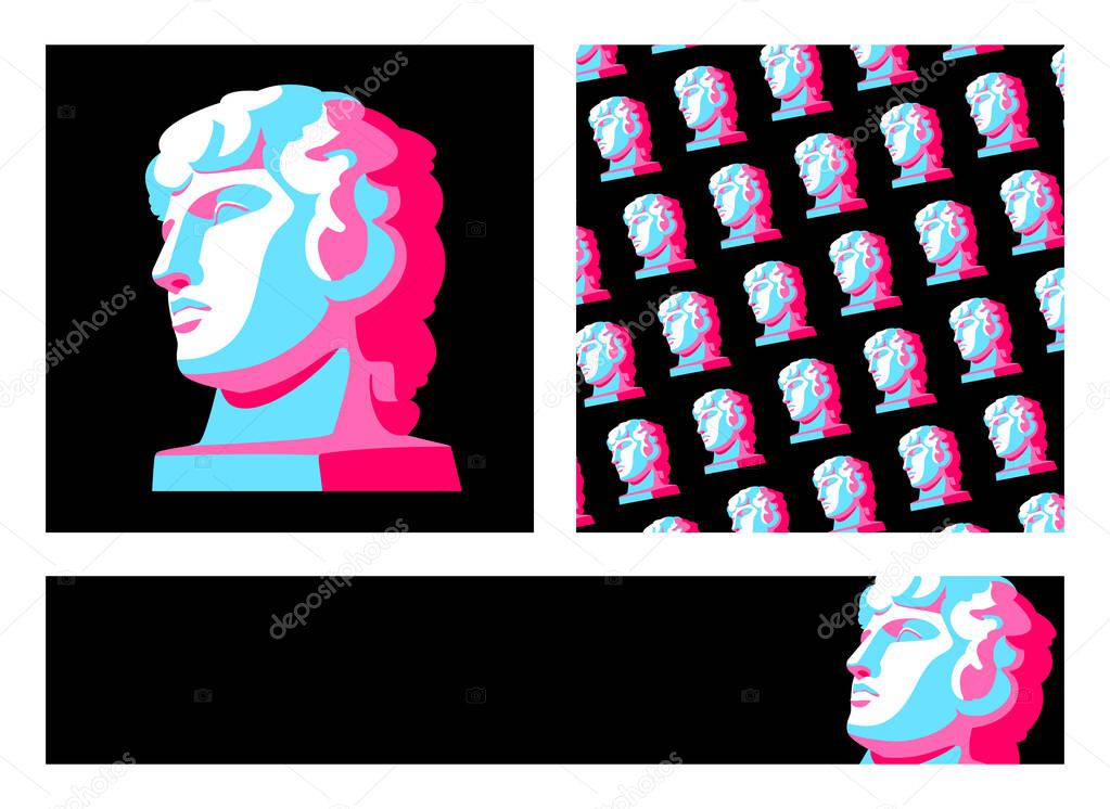 greek sculpture of antinus - banners with place for text. antique portrait - horizontal and square background for the design of social networks. concept - black friday, contemporary art