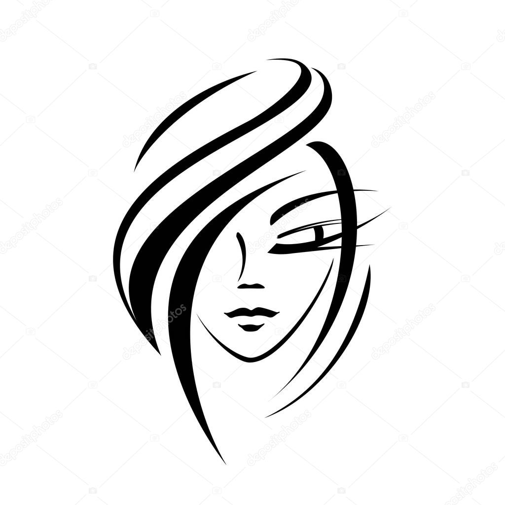 female face - silhouette, flat logo on a white background for cosmetology. the idea is beauty and style. facial features of a young girl - look down. elegant lock of hair, beauty salon
