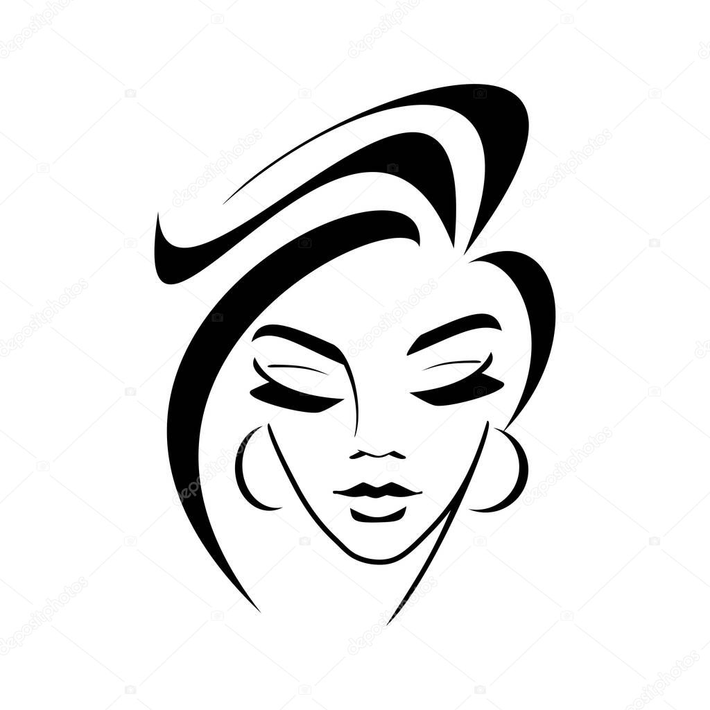 cosmetology, hairstyle, female face silhouette - logo on a white background. young girl, graceful lock of hair, eyelashes, lips. idea - style, hairdresser, beauty salon