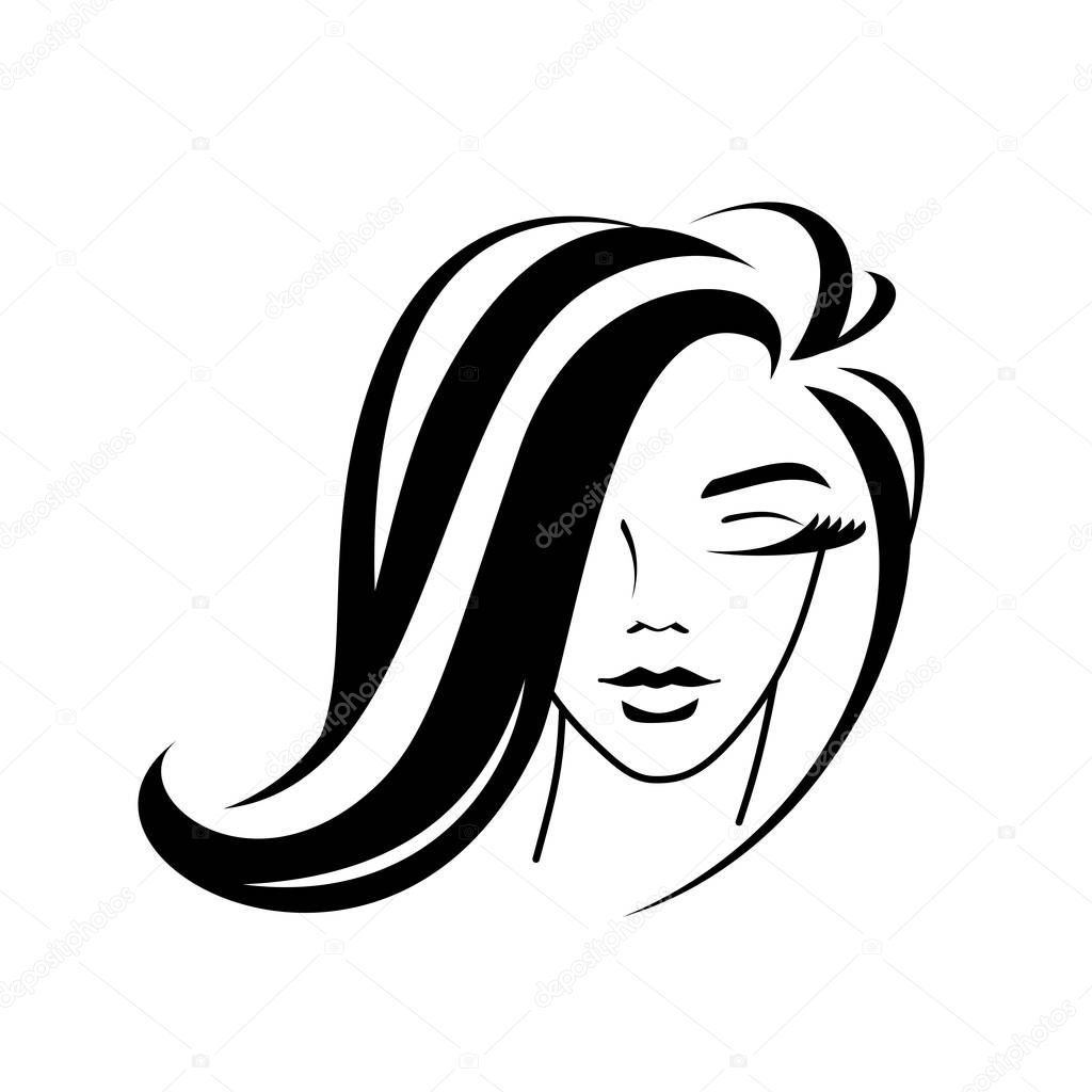 cosmetology, hairstyle, female face silhouette - logo on a white background. young girl, graceful lock of hair, eyelashes, lips. idea - style, hairdresser, beauty salon