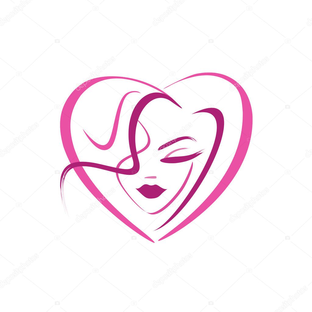 silhouette of a female face - heart shaped logo. hairstyle. curl. cosmetology. eyelashes. lips