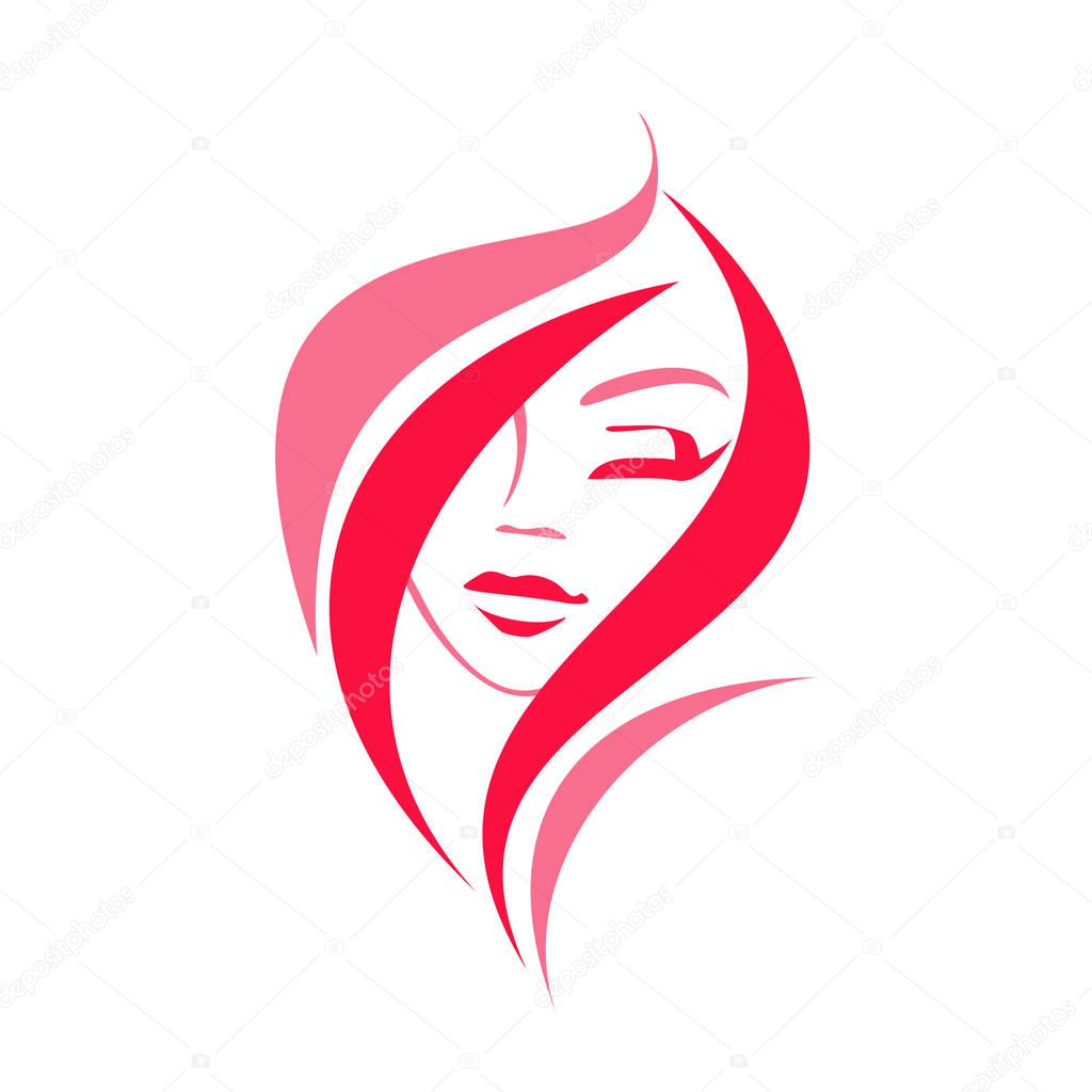 Hairstyle - logo. beautiful girl silhouette. hairdresser - colorful icon. curls and the contour of a young face. cosmetology. beauty industry. eyelashes. lips. eyebrows.