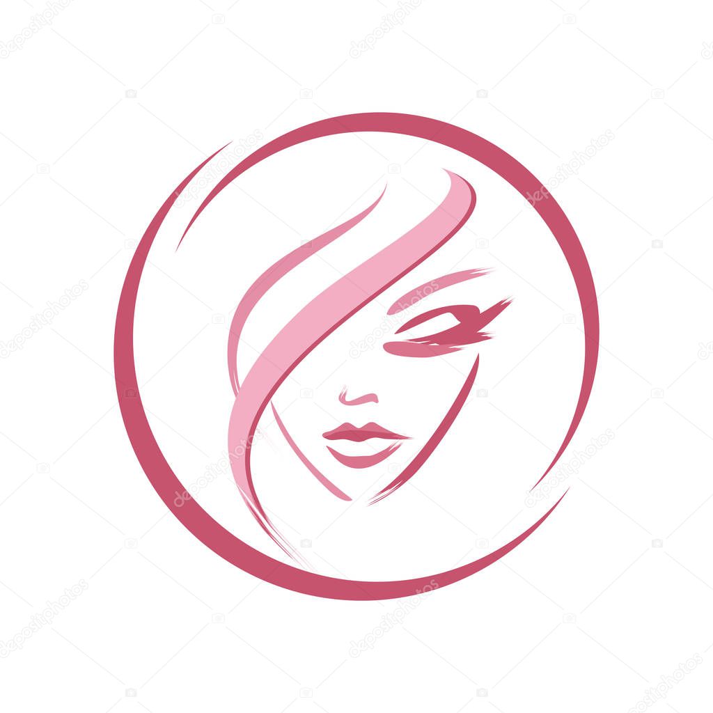 female face - silhouette. the idea is beauty and style. logo on a white background for cosmetology. facial features of a young girl - a look down, an elegant lock of hair