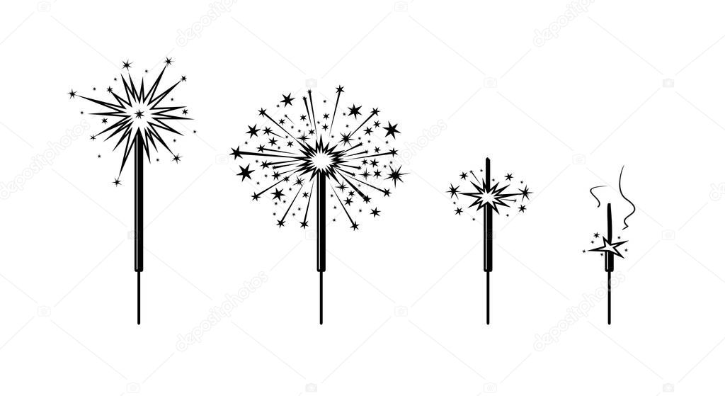 sparkler. flat black and white illustration. new year holiday, christmas firework, sparkler candle