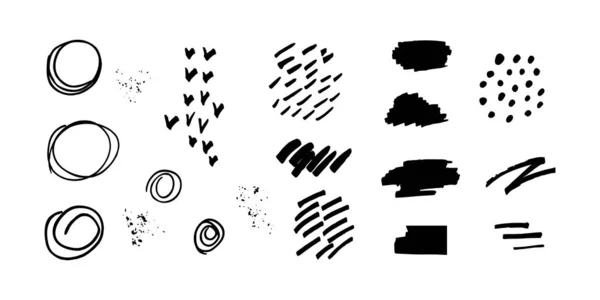 Serie di elementi di design astratti disegni a colori neri in stile grunge isolati su sfondo bianco. pennellate, macchie, puntini, tratti, modelli organici moderni - spazi piatti per banner, carte — Vettoriale Stock