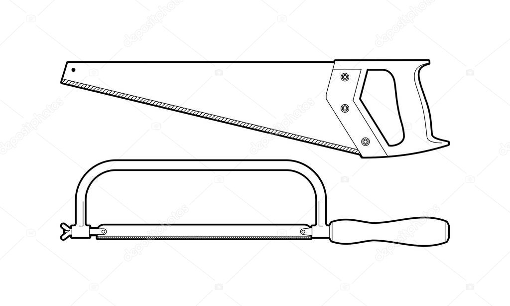 hacksaw - vector illustration on a white background. hand tool - coloring. carpentry tools - linear black and white drawing. repair tool - icon