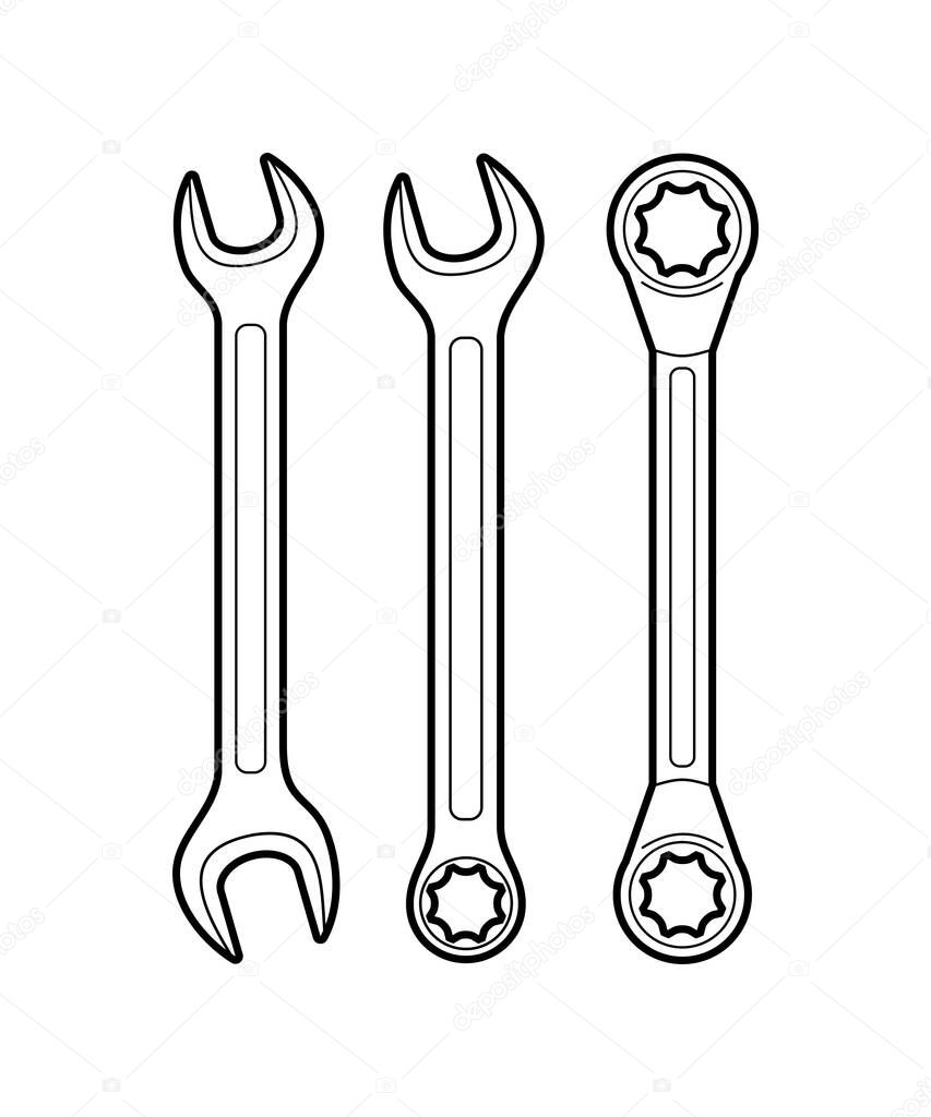 set of wrenches - a tool for connecting a threaded connection by tightening bolts, nuts and other parts. wrench - flat vector illustration isolated on white background