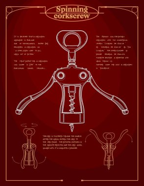 dönen tirbuşon - poster ve bir şişe şarabın nasıl açılacağını gösteren bilgi. Tirbuşon - şişe kapaklarını çekmek için ucu yüzüklü veya saplı vida metal çubuk şeklinde bir cihaz