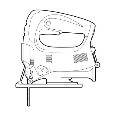 Elektrikli yapboz. Beyaz bir arka planda resim, boyama kitabı. Tamir için marangozluk aleti. düz bir şekilde siyah ve beyaz doğrusal çizim