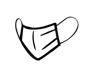 Tıbbi maske - doğrusal çizim. Koronavirüsün önlenmesi. Kovid-19. Yüz maskesi. Salgın. Solunum yetmezliği. Kendini izolasyonda koru.
