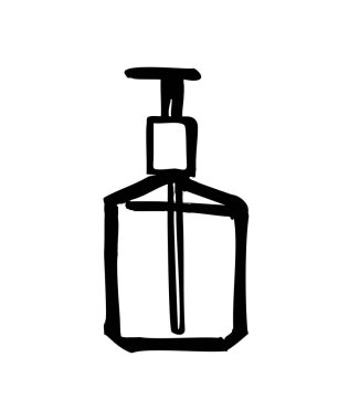 Dezenfektan sıvısı - çizim. Elleri işlemek için. dağıtıcı - siyah beyaz illüstrasyon. Koronavirüs. İlaçlar. Vücut kozmetik ürünleri, şeker kutulu şişeler. salgını önleme