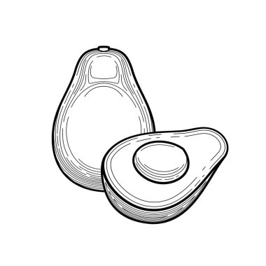 Avokado - ince çizgilerin siyah beyaz çizimi. Avokado - düz bir tarzda meyvelerin stilize edilmiş çizimi. Sağlıklı yemek. konsept - ambalaj tasarımı, gıda tasarımı