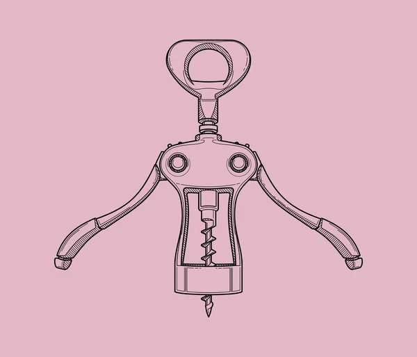 Tirbuşon. Detaylı çizimli doğrusal düz bir çizim. Açık şarap - bir restoran veya bar için illüstrasyon