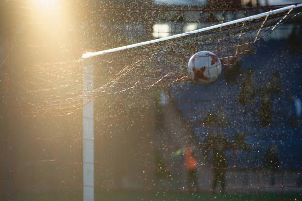 Fußballtore mit Netz auf dem Spielfeld. — Stockfoto