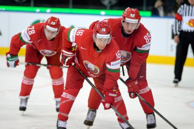 Minsk, Beyaz Rusya - 7 Mayıs: Beyaz Rusya takımı, 2014 IIHF Dünya buz hokeyi Şampiyonası sırasında maç 7 Mayıs 2014 Minsk, Beyaz Rusya.