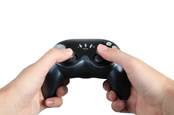 Gamer segurando jogo pad em mãos. Controlador de jogo isolado — Fotografia de Stock