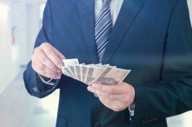 İş adamı elinde Lehçe banknotlar aralığı