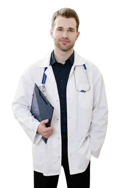 Pohledný mladý doktor na bílém pozadí — Stock fotografie