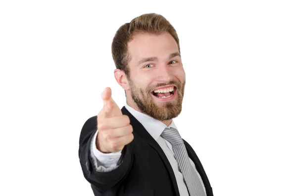 Joven hombre de negocios guapo señalándote y sonriendo — Foto de Stock