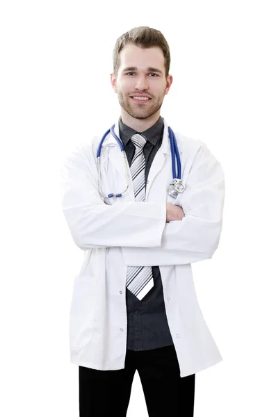 Bonito jovem médico em um fundo branco . — Fotografia de Stock