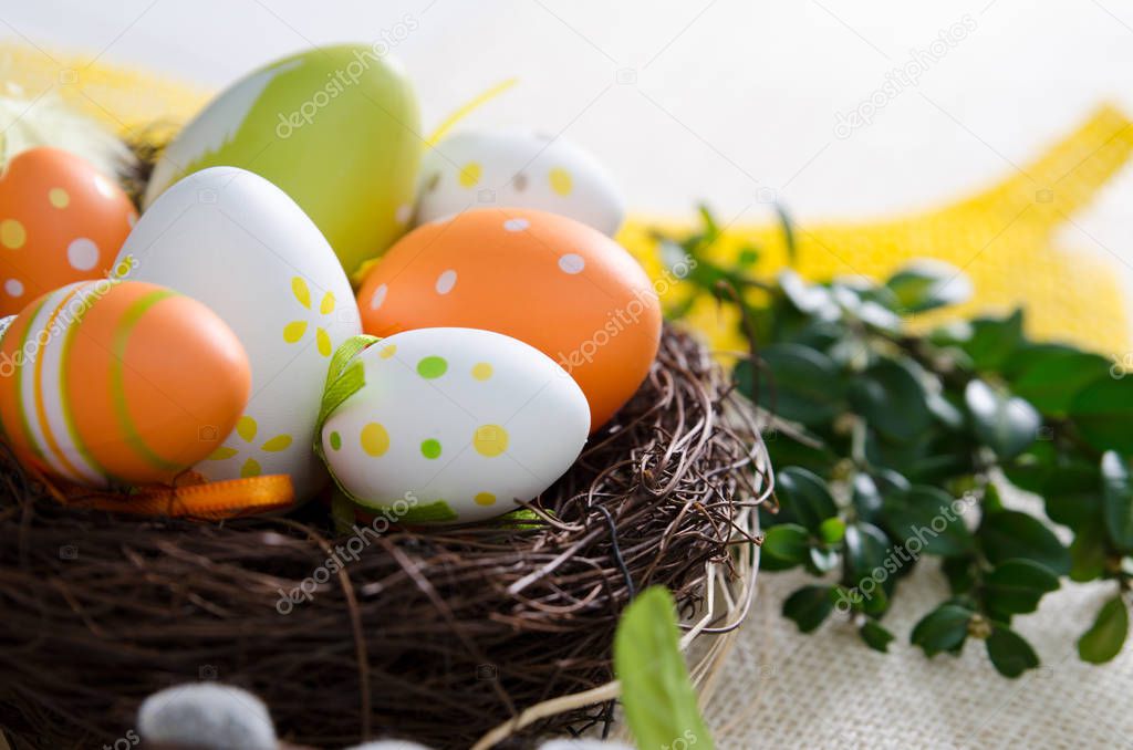 Easter eggs decoration, eggs in the nest