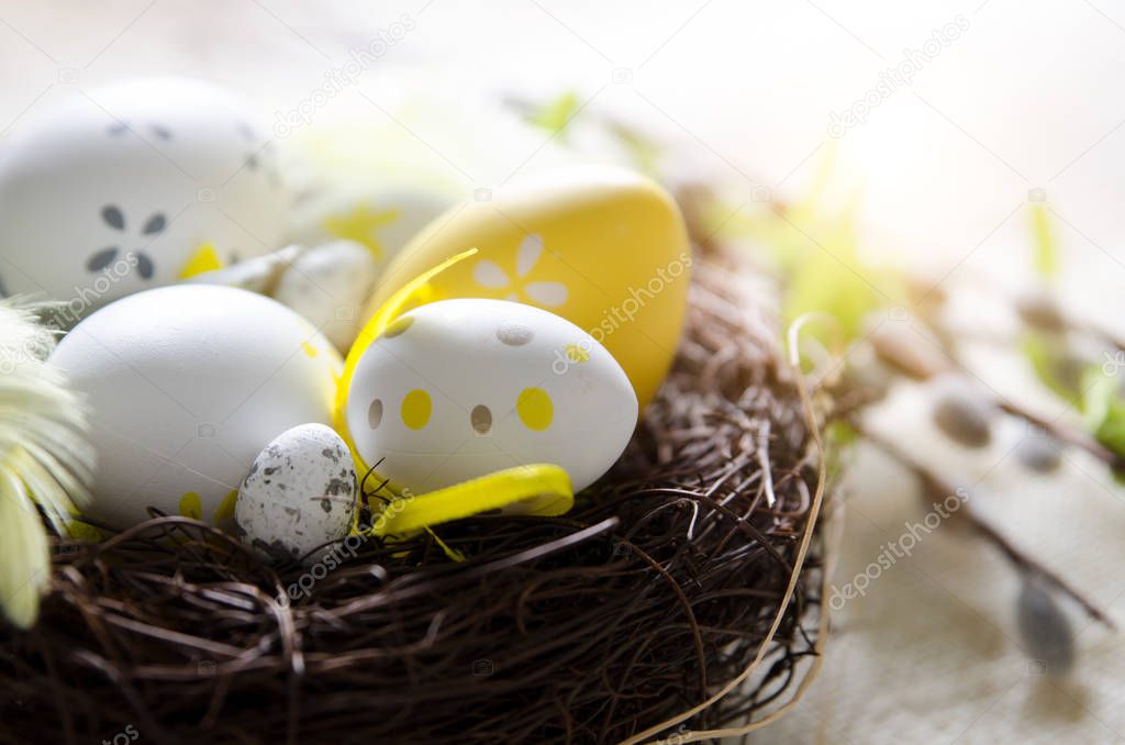 Easter eggs decoration, eggs in the nest